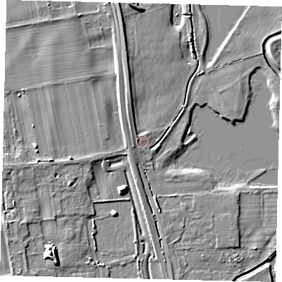 Shaded relief map of the ground around SG189BE, computed from Environment Agency LiDAR. The ground here sits at about 27 m above sea level and falls 8 m across the surrounding 800 m. Surface water reaching this point runs off ground lying to the north, 1.9 m higher.