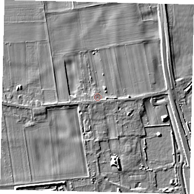 Shaded relief map of the ground around SG189BJ, computed from Environment Agency LiDAR. The ground here sits at about 28 m above sea level and falls 8 m across the surrounding 800 m. Surface water reaching this point runs off ground lying to the east, 1.3 m higher.