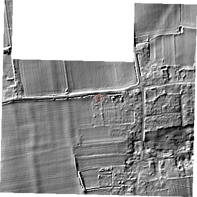 Shaded relief map of the ground around SG189BS, computed from Environment Agency LiDAR. The ground here sits at about 34 m above sea level and falls 8 m across the surrounding 800 m. Surface water reaching this point runs off ground lying to the south-west, 3.7 m higher.