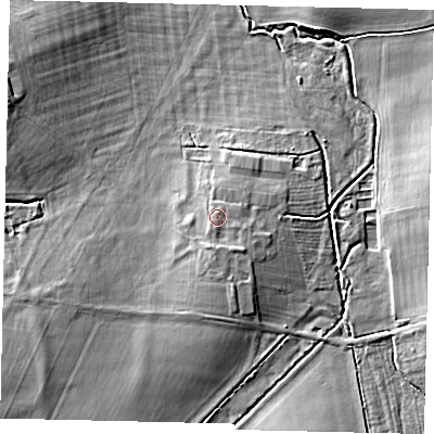 Shaded relief map of the ground around SG189DU, computed from Environment Agency LiDAR. The ground here sits at about 36 m above sea level and falls 10 m across the surrounding 800 m. Surface water reaching this point runs off ground lying to the south-east, 1.2 m higher.