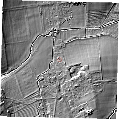 Shaded relief map of the ground around SG189ED, computed from Environment Agency LiDAR. The ground here sits at about 29 m above sea level and falls 10 m across the surrounding 800 m. Surface water reaching this point runs off ground lying to the south-south-east, 1.6 m higher.
