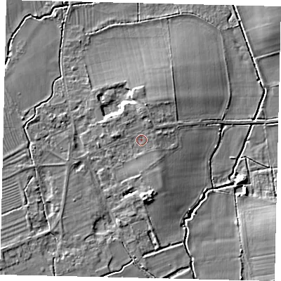 Shaded relief map of the ground around SG189EH, computed from Environment Agency LiDAR. The ground here sits at about 31 m above sea level and falls 7 m across the surrounding 800 m. Surface water reaching this point runs off ground lying to the north-east, 1.2 m higher.
