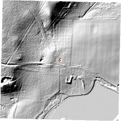 Shaded relief map of the ground around SG189FB, computed from Environment Agency LiDAR. The ground here sits at about 49 m above sea level and falls 33 m across the surrounding 800 m. Surface water reaching this point runs off ground lying to the west-north-west, 3.5 m higher.