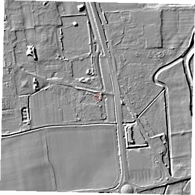 Shaded relief map of the ground around SG189GG, computed from Environment Agency LiDAR. The ground here sits at about 26 m above sea level and falls 7 m across the surrounding 800 m. Surface water reaching this point runs off ground lying to the west, 4.3 m higher.