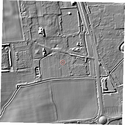 Shaded relief map of the ground around SG189GH, computed from Environment Agency LiDAR. The ground here sits at about 27 m above sea level and falls 7 m across the surrounding 800 m. Surface water reaching this point runs off ground lying to the west, 5.3 m higher.