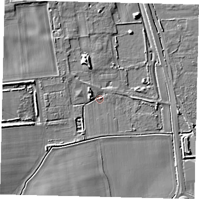 Shaded relief map of the ground around SG189GQ, computed from Environment Agency LiDAR. The ground here sits at about 27 m above sea level and falls 8 m across the surrounding 800 m. Surface water reaching this point runs off ground lying to the west-south-west, 6.3 m higher.