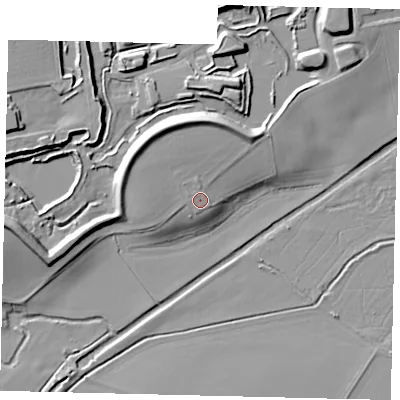 Shaded relief map of the ground around SG189JH, computed from Environment Agency LiDAR. The ground here sits at about 36 m above sea level and falls 13 m across the surrounding 800 m. Surface water reaching this point runs off ground lying to the north-west, 1.7 m higher.