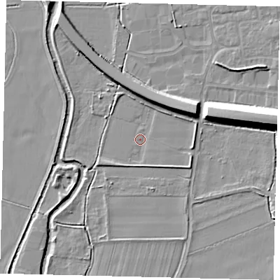Shaded relief map of the ground around SG189JT, computed from Environment Agency LiDAR. The ground here sits at about 28 m above sea level and falls 12 m across the surrounding 800 m. Surface water reaching this point runs off ground lying to the north-east, 6.3 m higher.