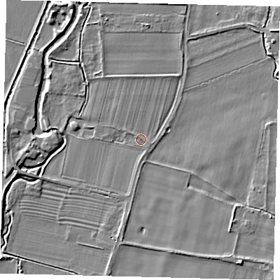 Shaded relief map of the ground around SG189JU, computed from Environment Agency LiDAR. The ground here sits at about 29 m above sea level and falls 7 m across the surrounding 800 m. Surface water reaching this point runs off ground lying to the north-north-east, 0.7 m higher.