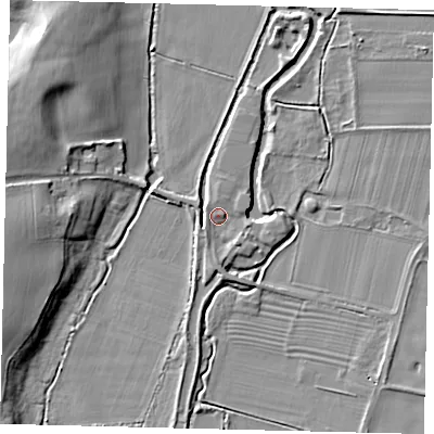 Shaded relief map of the ground around SG189JY, computed from Environment Agency LiDAR. The ground here sits at about 29 m above sea level and falls 10 m across the surrounding 800 m. Surface water reaching this point runs off ground lying to the north-west, 1.4 m higher.