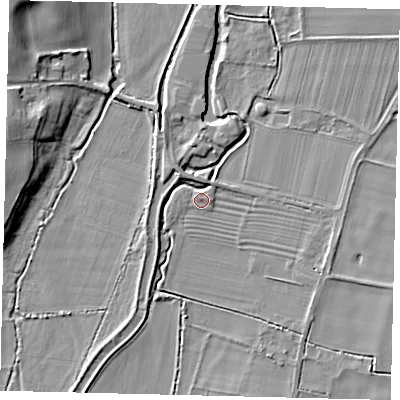 Shaded relief map of the ground around SG189JZ, computed from Environment Agency LiDAR. The ground here sits at about 29 m above sea level and falls 10 m across the surrounding 800 m. Surface water reaching this point runs off ground lying to the east-south-east, 3.7 m higher.