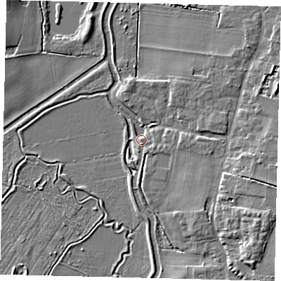 Shaded relief map of the ground around SG189LZ, computed from Environment Agency LiDAR. The ground here sits at about 31 m above sea level and falls 9 m across the surrounding 800 m. Surface water reaching this point runs off ground lying to the east-south-east, 7.6 m higher.