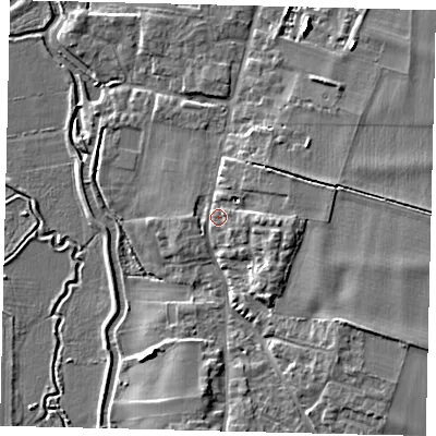 Shaded relief map of the ground around SG189NX, computed from Environment Agency LiDAR. The ground here sits at about 34 m above sea level and falls 10 m across the surrounding 800 m. Surface water reaching this point runs off ground lying to the east, 4.3 m higher.