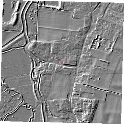 Shaded relief map of the ground around SG189QB, computed from Environment Agency LiDAR. The ground here sits at about 32 m above sea level and falls 9 m across the surrounding 800 m. Surface water reaching this point runs off ground lying to the south-east, 6.0 m higher.