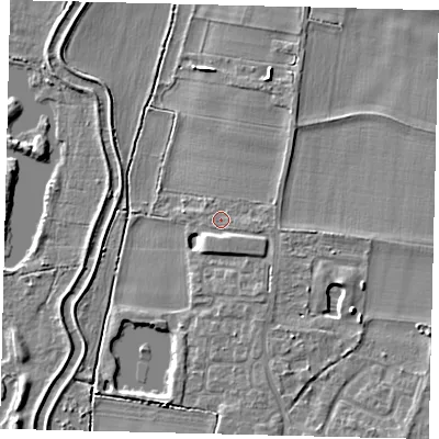 Shaded relief map of the ground around SG189QX, computed from Environment Agency LiDAR. The ground here sits at about 31 m above sea level and falls 7 m across the surrounding 800 m. Surface water reaching this point runs off ground lying to the south-south-east, 1.6 m higher.