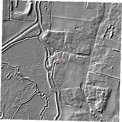 Shaded relief map of the ground around SG189QY, computed from Environment Agency LiDAR. The ground here sits at about 32 m above sea level and falls 9 m across the surrounding 800 m. Surface water reaching this point runs off ground lying to the east-north-east, 1.5 m higher.