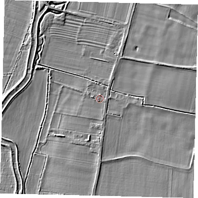 Shaded relief map of the ground around SG189RA, computed from Environment Agency LiDAR. The ground here sits at about 30 m above sea level and falls 6 m across the surrounding 800 m. Surface water reaching this point runs off ground lying to the south, 1.1 m higher.