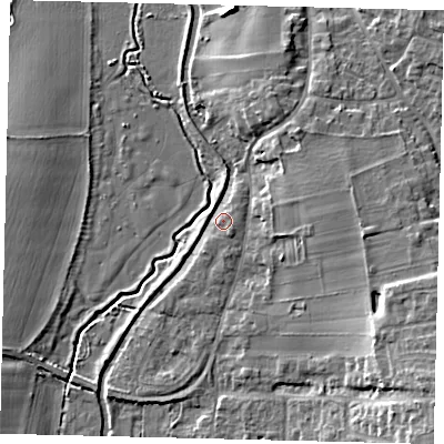 Shaded relief map of the ground around SG189RE, computed from Environment Agency LiDAR. The ground here sits at about 32 m above sea level and falls 12 m across the surrounding 800 m. Surface water reaching this point runs off ground lying to the east, 7.5 m higher.