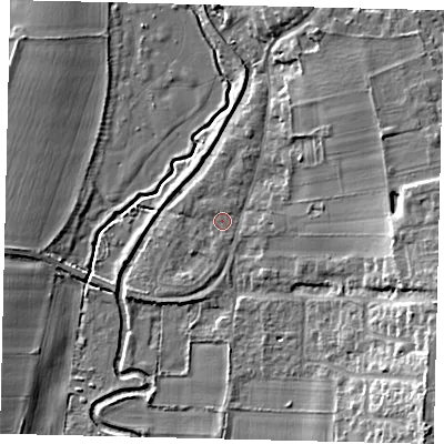 Shaded relief map of the ground around SG189RL, computed from Environment Agency LiDAR. The ground here sits at about 32 m above sea level and falls 14 m across the surrounding 800 m. Surface water reaching this point runs off ground lying to the east-south-east, 9.6 m higher.