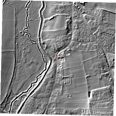 Shaded relief map of the ground around SG189RU, computed from Environment Agency LiDAR. The ground here sits at about 33 m above sea level and falls 12 m across the surrounding 800 m. Surface water reaching this point runs off ground lying to the east-south-east, 5.7 m higher.