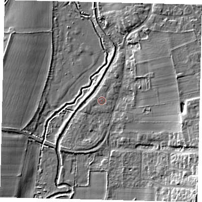 Shaded relief map of the ground around SG189RW, computed from Environment Agency LiDAR. The ground here sits at about 32 m above sea level and falls 13 m across the surrounding 800 m. Surface water reaching this point runs off ground lying to the east-south-east, 0.6 m higher.