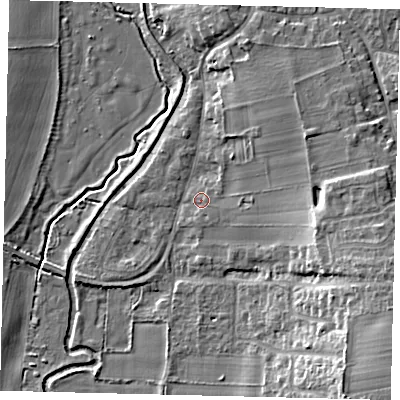 Shaded relief map of the ground around SG189RY, computed from Environment Agency LiDAR. The ground here sits at about 32 m above sea level and falls 14 m across the surrounding 800 m. Surface water reaching this point runs off ground lying to the east-south-east, 8.7 m higher.