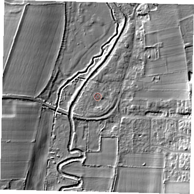 Shaded relief map of the ground around SG189RZ, computed from Environment Agency LiDAR. The ground here sits at about 32 m above sea level and falls 11 m across the surrounding 800 m. Surface water reaching this point runs off ground lying to the south-south-east, 1.2 m higher.