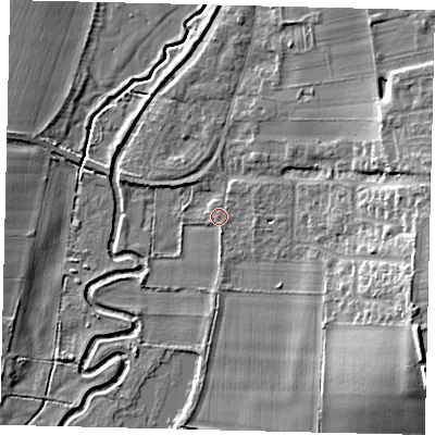 Shaded relief map of the ground around SG189SA, computed from Environment Agency LiDAR. The ground here sits at about 33 m above sea level and falls 15 m across the surrounding 800 m. Surface water reaching this point runs off ground lying to the east-south-east, 12.0 m higher.
