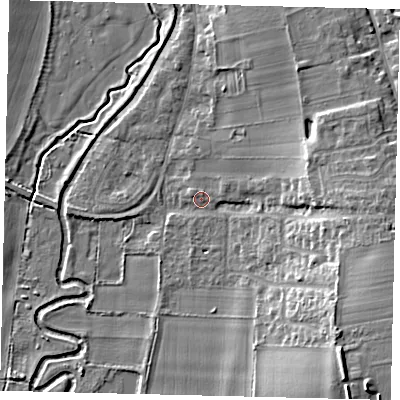 Shaded relief map of the ground around SG189SE, computed from Environment Agency LiDAR. The ground here sits at about 33 m above sea level and falls 15 m across the surrounding 800 m. Surface water reaching this point runs off ground lying to the south-east, 12.2 m higher.