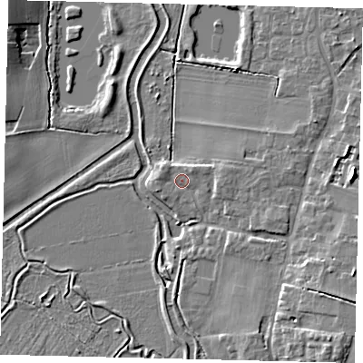 Shaded relief map of the ground around SG189UR, computed from Environment Agency LiDAR. The ground here sits at about 31 m above sea level and falls 9 m across the surrounding 800 m. Surface water reaching this point runs off ground lying to the north-east, 1.1 m higher.
