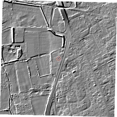 Shaded relief map of the ground around SG191DH, computed from Environment Agency LiDAR. The ground here sits at about 23 m above sea level and falls 11 m across the surrounding 800 m. Surface water reaching this point runs off ground lying to the north-east, 0.8 m higher.