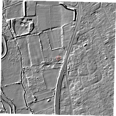 Shaded relief map of the ground around SG191DL, computed from Environment Agency LiDAR. The ground here sits at about 22 m above sea level and falls 11 m across the surrounding 800 m. Surface water reaching this point runs off ground lying to the north-north-east, 2.6 m higher.