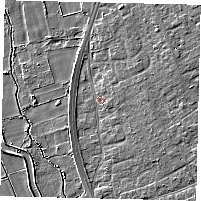 Shaded relief map of the ground around SG191DZ, computed from Environment Agency LiDAR. The ground here sits at about 23 m above sea level and falls 6 m across the surrounding 800 m. Surface water reaching this point runs off ground lying to the east-south-east, 3.9 m higher.