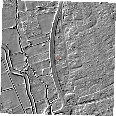 Shaded relief map of the ground around SG191ED, computed from Environment Agency LiDAR. The ground here sits at about 22 m above sea level and falls 6 m across the surrounding 800 m. Surface water reaching this point runs off ground lying to the east, 3.9 m higher.