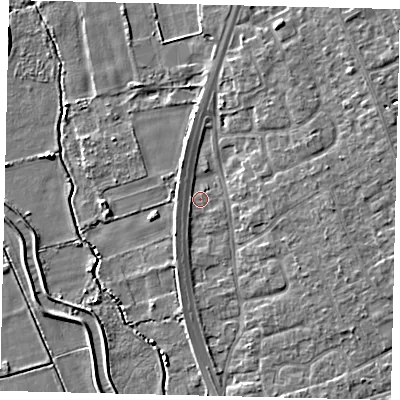 Shaded relief map of the ground around SG191EQ, computed from Environment Agency LiDAR. The ground here sits at about 22 m above sea level and falls 6 m across the surrounding 800 m. Surface water reaching this point runs off ground lying to the south-south-west, 1.6 m higher.