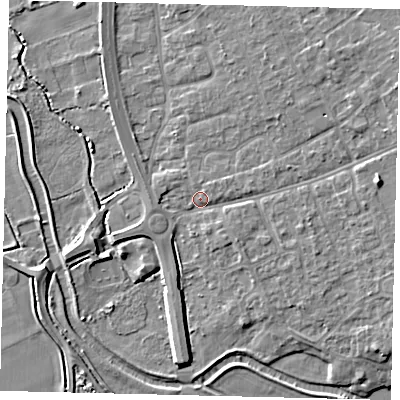 Shaded relief map of the ground around SG191ES, computed from Environment Agency LiDAR. The ground here sits at about 23 m above sea level and falls 8 m across the surrounding 800 m. Surface water reaching this point runs off ground lying to the east, 5.4 m higher.