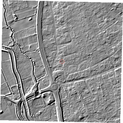 Shaded relief map of the ground around SG191ET, computed from Environment Agency LiDAR. The ground here sits at about 23 m above sea level and falls 7 m across the surrounding 800 m. Surface water reaching this point runs off ground lying to the east-north-east, 3.6 m higher.