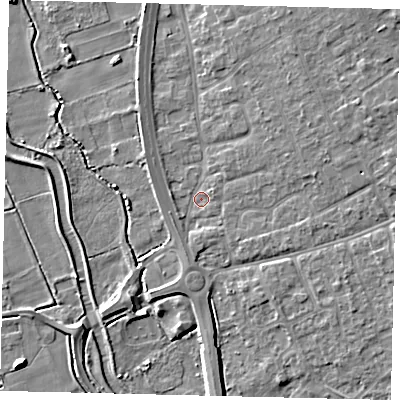 Shaded relief map of the ground around SG191EX, computed from Environment Agency LiDAR. The ground here sits at about 22 m above sea level and falls 7 m across the surrounding 800 m. Surface water reaching this point runs off ground lying to the east-north-east, 3.9 m higher.