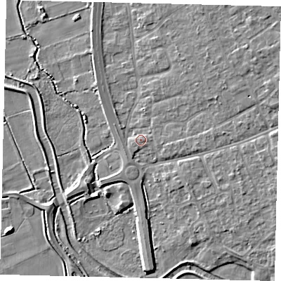 Shaded relief map of the ground around SG191FE, computed from Environment Agency LiDAR. The ground here sits at about 23 m above sea level and falls 7 m across the surrounding 800 m. Surface water reaching this point runs off ground lying to the east, 1.5 m higher.