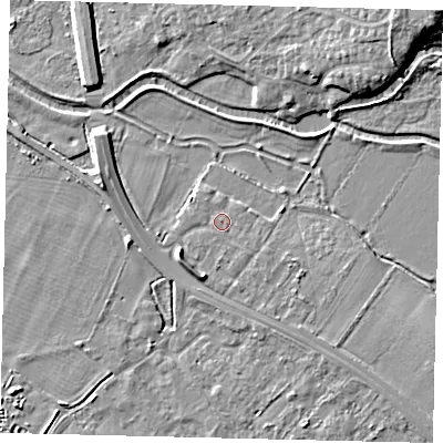 Shaded relief map of the ground around SG191GA, computed from Environment Agency LiDAR. The ground here sits at about 23 m above sea level and falls 9 m across the surrounding 800 m. Surface water reaching this point runs off ground lying to the south-east, 0.6 m higher.