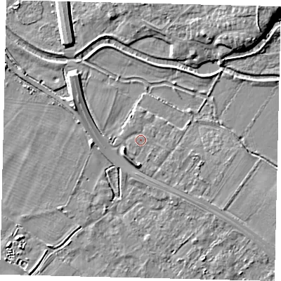 Shaded relief map of the ground around SG191GB, computed from Environment Agency LiDAR. The ground here sits at about 23 m above sea level and falls 8 m across the surrounding 800 m. Surface water reaching this point runs off ground lying to the east-south-east, 0.5 m higher.