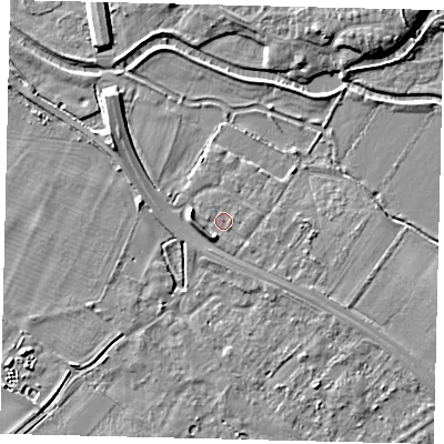 Shaded relief map of the ground around SG191GD, computed from Environment Agency LiDAR. The ground here sits at about 23 m above sea level and falls 7 m across the surrounding 800 m. Surface water reaching this point runs off ground lying to the east, 1.5 m higher.