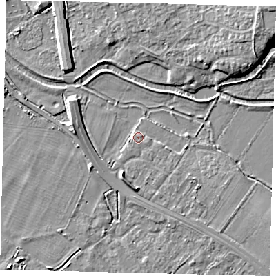 Shaded relief map of the ground around SG191GE, computed from Environment Agency LiDAR. The ground here sits at about 23 m above sea level and falls 9 m across the surrounding 800 m. Surface water reaching this point runs off ground lying to the north-east, 0.8 m higher.