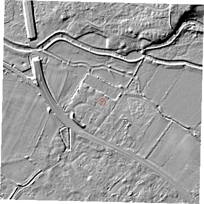 Shaded relief map of the ground around SG191GF, computed from Environment Agency LiDAR. The ground here sits at about 23 m above sea level and falls 9 m across the surrounding 800 m. Surface water reaching this point runs off ground lying to the south, 0.7 m higher.