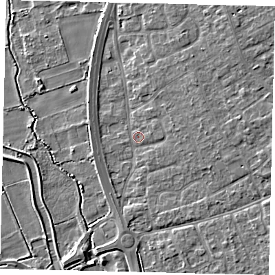 Shaded relief map of the ground around SG191HA, computed from Environment Agency LiDAR. The ground here sits at about 23 m above sea level and falls 6 m across the surrounding 800 m. Surface water reaching this point runs off ground lying to the east, 1.4 m higher.