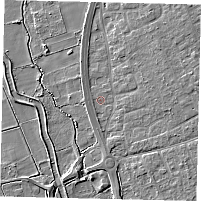 Shaded relief map of the ground around SG191HH, computed from Environment Agency LiDAR. The ground here sits at about 22 m above sea level and falls 6 m across the surrounding 800 m. Surface water reaching this point runs off ground lying to the east, 3.9 m higher.