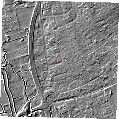 Shaded relief map of the ground around SG191HR, computed from Environment Agency LiDAR. The ground here sits at about 24 m above sea level and falls 8 m across the surrounding 800 m. Surface water reaching this point runs off ground lying to the east, 2.3 m higher.