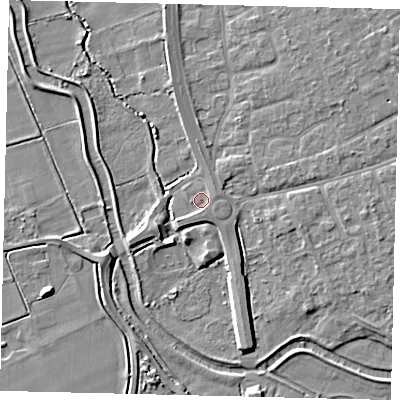 Shaded relief map of the ground around SG191NA, computed from Environment Agency LiDAR. The ground here sits at about 23 m above sea level and falls 7 m across the surrounding 800 m. Surface water reaching this point runs off ground lying to the south-south-east, 1.5 m higher.