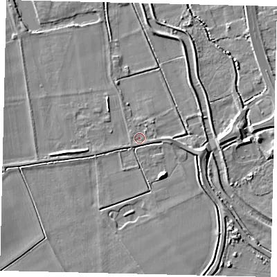 Shaded relief map of the ground around SG191ND, computed from Environment Agency LiDAR. The ground here sits at about 22 m above sea level and falls 7 m across the surrounding 800 m. Surface water reaching this point runs off ground lying to the west-south-west, 2.6 m higher.