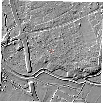 Shaded relief map of the ground around SG191NH, computed from Environment Agency LiDAR. The ground here sits at about 24 m above sea level and falls 10 m across the surrounding 800 m. Surface water reaching this point runs off ground lying to the east-north-east, 1.7 m higher.